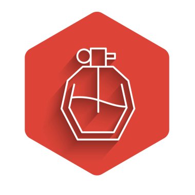 Uzun gölgeli beyaz çizgi parfüm ikonu. Kırmızı altıgen düğmesi. Vektör İllüstrasyonu.