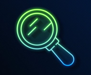 Parlayan neon çizgisi büyüteç ikonu mavi arkaplanda izole edildi. Arama, odaklanma, yakınlaştırma, iş sembolü. Vektör.