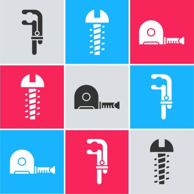 Klemp aleti, metal vida ve rulet inşaat ikonunu ayarla. Vektör.