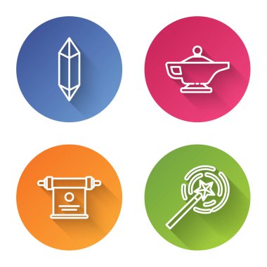 Sihirli taş, sihirli lamba ya da Alaaddin, sihirli parşömen ve sihirli değnek. Renkli daire düğmesi. Vektör.