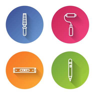 Tahta, boya fırçası, inşaat balonu seviyesi ve silgiyle kalem için keski aleti ayarlayın. Renkli daire düğmesi. Vektör.