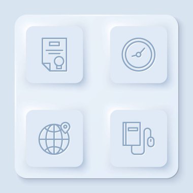 Satır Sertifika şablonu, Saat, Dünya üzerindeki konum ve fareli Elektronik kitabı ayarla. Beyaz kare düğme. Vektör.