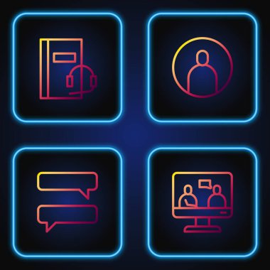 Çevrimiçi eğitim, konuşma balonu sohbeti, ses kitabı ve hesap ekranı oluştur. Renk simgeleri. Vektör.