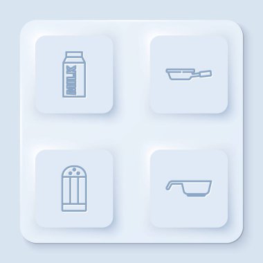 Süt, kızartma tavası ve tuz için kağıt paketi hazırlayın. Beyaz kare düğme. Vektör.