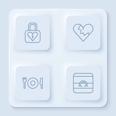 Kilit ve kalp, kırık ya da boşanma, tabak, çatal bıçak ve alyans. Beyaz kare düğme. Vektör.