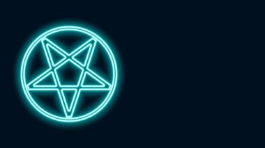 Siyah arkaplanda izole edilmiş bir daire simgesinde parlayan neon çizgisi Pentagram. Sihirli okült yıldız sembolü. 4K Video hareketli grafik canlandırması
