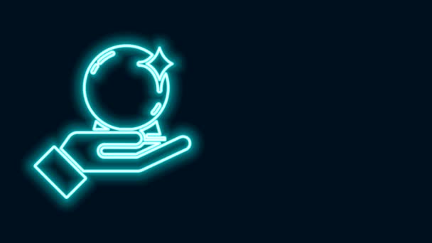 Ragyogó neon vonal Varázsgömb kéznél ikon elszigetelt fekete háttér. Kristálygömb. 4K Videó mozgás grafikus animáció — Stock videók
