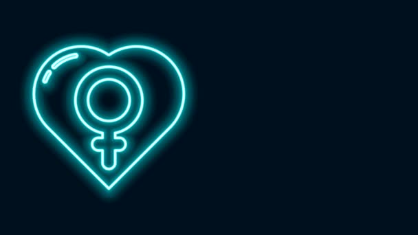 Glödande neon line Kvinnligt kön i hjärtat ikon isolerad på svart bakgrund. Venus symbol. Symbolen för en kvinnlig organism eller kvinna. 4K Video motion grafisk animation — Stockvideo