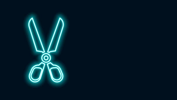 Glowing neon line Scissors icon isolated on black background. Cutting tool sign. 4K Video motion graphic animation — Stock Video