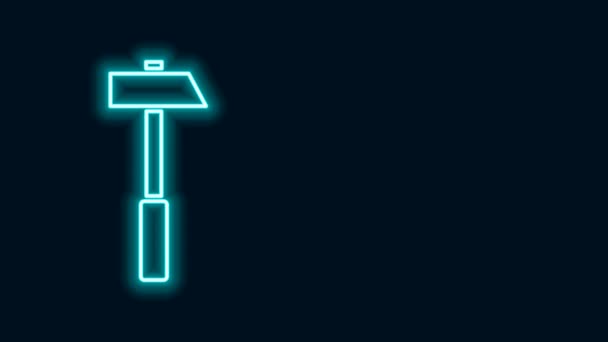 Светящаяся неоновая линия иконка Hammer выделена на черном фоне. Инструмент для ремонта. Видеографическая анимация 4K — стоковое видео