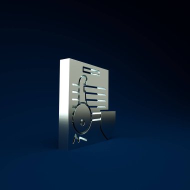 Mavi zemin üzerinde kalkan simgesi olan gümüş döküman. Anahtar sigortası. Güvenlik, güvenlik, koruma, konsept koruma. Minimalizm kavramı. 3d illüstrasyon 3B canlandırma