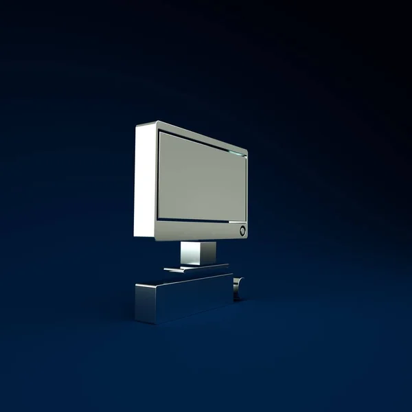 Silver Computer monitor dengan keyboard dan mouse ikon terisolasi pada latar belakang biru. Tanda komponen PC. Konsep minimalisme. Tampilan 3D ilustrasi 3d — Stok Foto