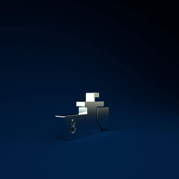 Ασημένιο Πλοίο με ασπίδα που απομονώνεται σε μπλε φόντο. Ασφαλιστική ιδέα. Ασφάλεια, ασφάλεια, προστασία, προστασία. Μινιμαλιστική έννοια. 3d απεικόνιση 3D καθιστούν — Φωτογραφία Αρχείου