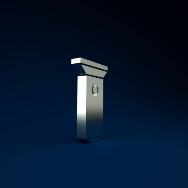 Mavi arkaplanda gümüş el feneri simgesi izole edildi. Minimalizm kavramı. 3d illüstrasyon 3B canlandırma