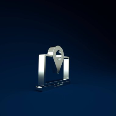 Mavi arkaplanda konum belirleyici simgesi olan gümüş dizüstü bilgisayar. Minimalizm kavramı. 3d illüstrasyon 3B canlandırma