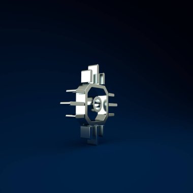 Gümüş İşlemci simgesi mavi arkaplanda izole edildi. İşlemci, merkezi işlem birimi, mikroçip, mikro devre, bilgisayar işlemcisi, çip. Minimalizm kavramı. 3d illüstrasyon 3B canlandırma