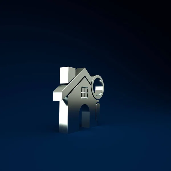Silver Search icône de la maison isolé sur fond bleu. Symbole immobilier d'une maison sous loupe. Concept de minimalisme. Illustration 3D rendu 3D — Photo