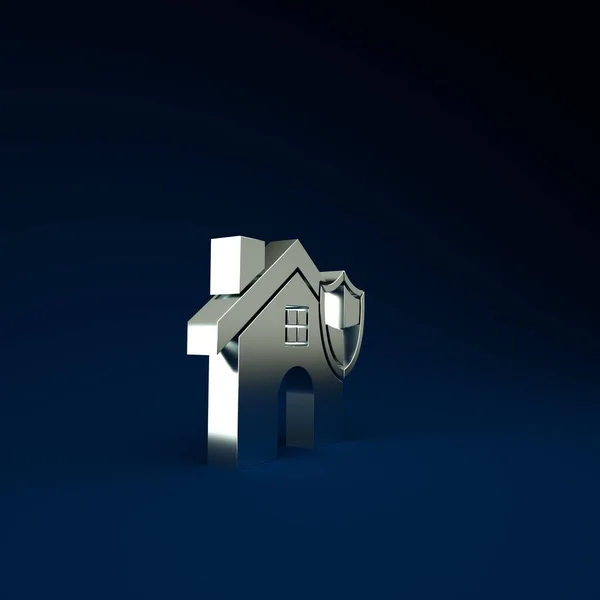 Maison en argent avec icône de bouclier isolé sur fond bleu. Concept d'assurance. Sécurité, sûreté, protection, concept de protection. Concept de minimalisme. Illustration 3D rendu 3D — Photo