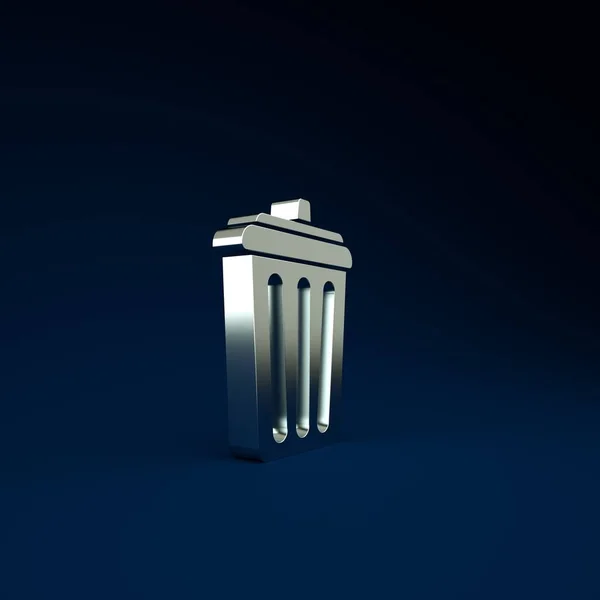 Silver Trash can icon isolated on blue background. Garbage bin sign. Recycle basket icon. Office trash icon. Minimalism concept. 3d illustration 3D render — Stock Photo, Image