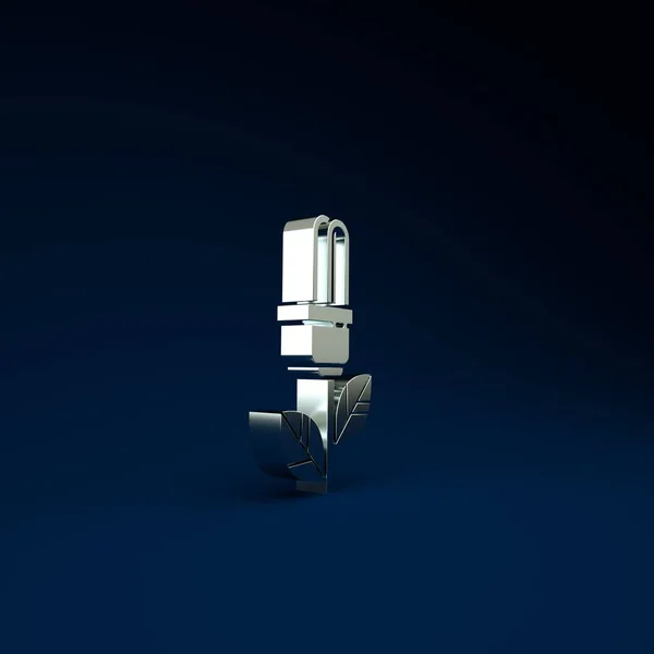 Ampoule argentée avec icône de feuille isolée sur fond bleu. Concept d'énergie écologique. Concept d'énergie alternative. Concept de minimalisme. Illustration 3D rendu 3D — Photo