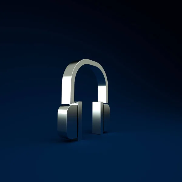 Icono de auriculares plateados aislado sobre fondo azul. Signo de auriculares. Concepto para escuchar música, servicio, comunicación y operador. Concepto minimalista. 3D ilustración 3D render — Foto de Stock