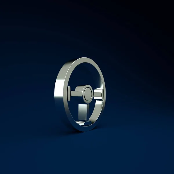 Silver Steering wheel icon isolated on blue background. Car wheel icon. Minimalism concept. 3d illustration 3D render