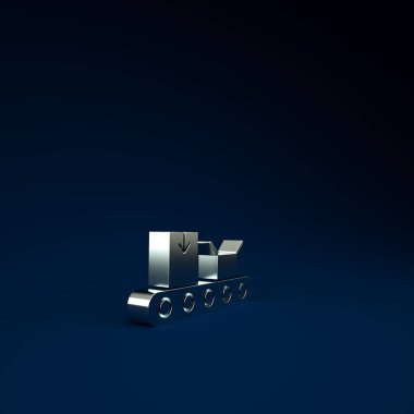 Mavi arka planda karton kutu simgesi olan gümüş taşıma bandı. Minimalizm kavramı. 3d illüstrasyon 3B canlandırma