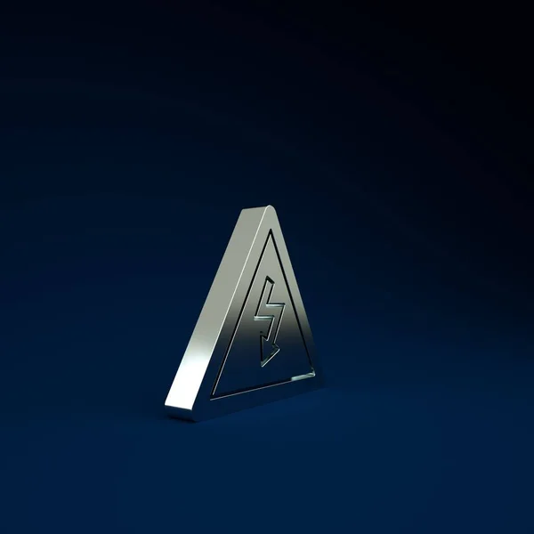 Silver High voltage sign icon isolated on blue background. Danger symbol. Arrow in triangle. Warning icon. Minimalism concept. 3d illustration 3D render
