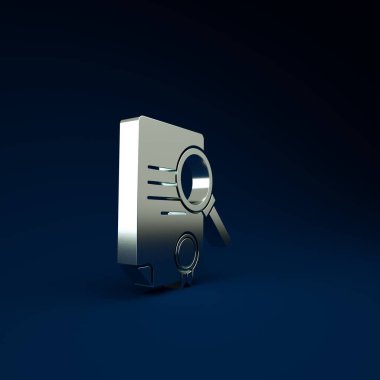 Mavi arkaplanda arama simgesine sahip gümüş belge. Dosya ve büyüteç simgesi. Analitik araştırma işareti. Minimalizm kavramı. 3d illüstrasyon 3B canlandırma.