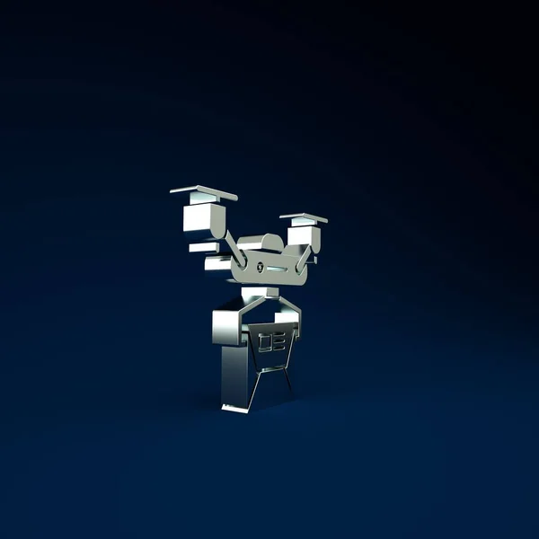 Silver Drone delivery concept icon isolated on blue background. Quadrocopter carrying a package. Transportation, logistic concept. Minimalism concept. 3d illustration 3D render.