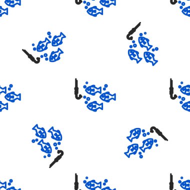 Suyun altında olta kancası ve beyaz arka planda izole edilmiş balık ikonu var. Balık oltası. Renkli taslak konsepti. Vektör.