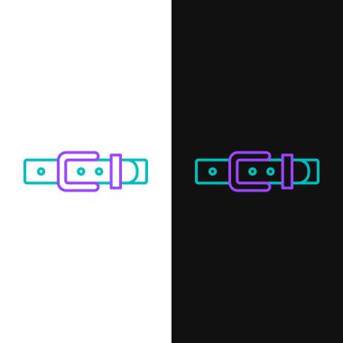 Beyaz ve siyah arkaplanda izole edilmiş düğmeli çelik toka ikonu olan çizgili deri kemer. Renkli taslak konsepti. Vektör.