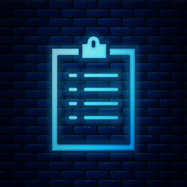 Duvarda izole edilmiş kontrol listesi simgesiyle parlayan neon pano. Kontrol listesi sembolü. Anket anketi ya da anket geri bildirim formu. Vektör İllüstrasyonu.