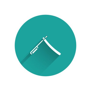 Uzun gölgeli beyaz düz jilet ikonu. Berber dükkanı sembolü. Yeşil daire düğmesi. Vektör İllüstrasyonu.