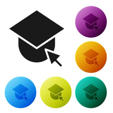 Siyah mezuniyet şapkası beyaz arka planda izole edilmiş dünya ikonu. Dünya eğitim sembolü. Çevrimiçi öğrenme ya da e-öğrenme kavramı. Simgeleri renk daire düğmelerine ayarla. Vektör İllüstrasyonu.