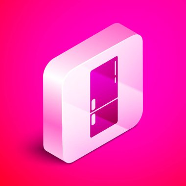 Pembe arka planda izole edilmiş Isome Buzdolabı simgesi. Buzdolabı buzdolabı. Ev aletleri ve aletler. Gümüş kare düğme. Vektör.