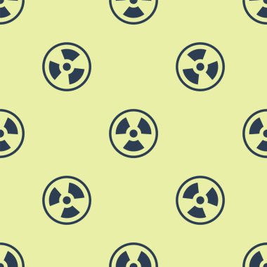 Mavi Radyoaktif simge sarı arkaplanda izole edilmiş pürüzsüz desen. Radyoaktif zehirli sembol. Radyasyon tehlikesi işareti. Vektör.