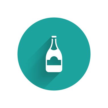 Uzun gölgeli beyaz şampanya ikonu. Yeşil daire düğmesi. Vektör.