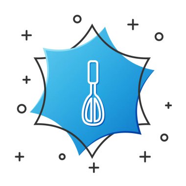 Beyaz çizgi Mutfak çırpma simgesi beyaz arkaplanda izole edildi. Mutfak aletleri, yumurta çırpıcı. Çatal bıçak seti. Yemek karışımı sembolü. Mavi altıgen düğmesi. Vektör.