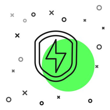 Siyah çizgi, beyaz zemin üzerinde yıldırım simgesi olan güvenli bir kalkan. Güvenlik, güvenlik, koruma, gizlilik kavramı. Vektör.