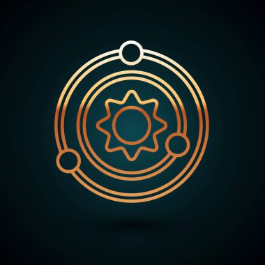 Altın çizgili güneş sistemi simgesi koyu mavi arkaplanda izole edildi. Gezegenler yıldızın etrafında dönerler. Vektör.