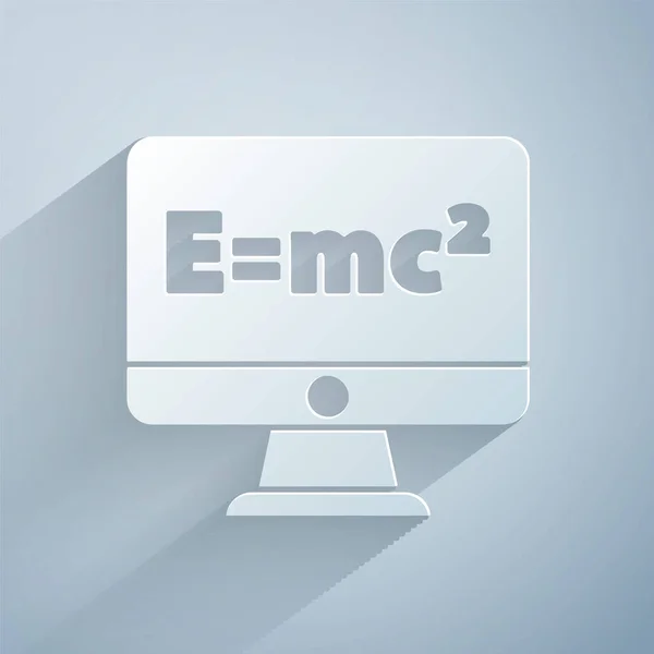 紙カットグレーの背景に隔離されたコンピュータモニタアイコン上の方程式解の数学システム Eはコンピュータ画面上のMc二次方程式に等しい 紙のアートスタイル ベクトル — ストックベクタ