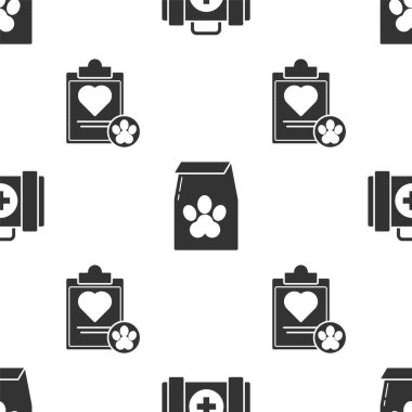 Evcil hayvan ilk yardım çantasını, evcil hayvan için yiyecek çantasını ve tıbbî kayıt evcil hayvanını pürüzsüz kalıba sokun. Vektör.