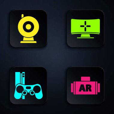 Ar, arttırılmış gerçeklik, web kamerası, joystick ve bilgisayar monitörlü oyun konsolu. Siyah kare düğme. Vektör.