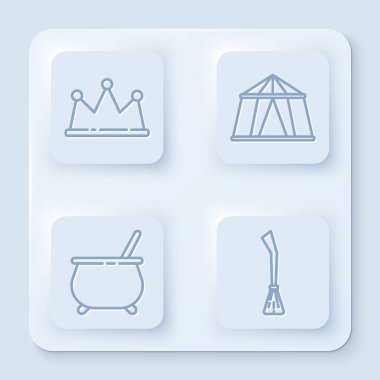 Crown, Circus çadırı, Cadıların Kazanı ve Cadı Süpürgesi. Beyaz kare düğme. Vektör.