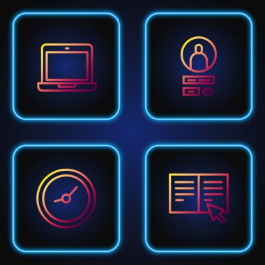 Satır Çevrimiçi Kitap, Saat, Laptop ve Hesap Ekranı Oluştur. Renk simgeleri. Vektör.