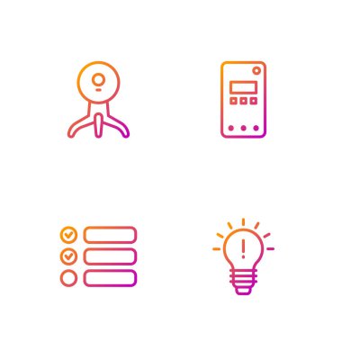 Fikir konsepti, görev listesi, web kamerası ve cep telefonu ile hat ampulünü ayarla. Renk simgeleri. Vektör.