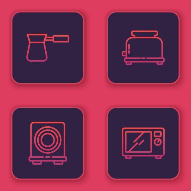 Hat hazır, Türk kahvesi, elektrikli soba, tost makinesi ve mikrodalga fırın. Mavi kare düğme. Vektör.