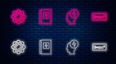 Elektrik paneli, baş ve elektrik sembolü, atom ve denklem çözeltisi ayarla. Tuğla duvarda parlayan neon simgesi. Vektör.