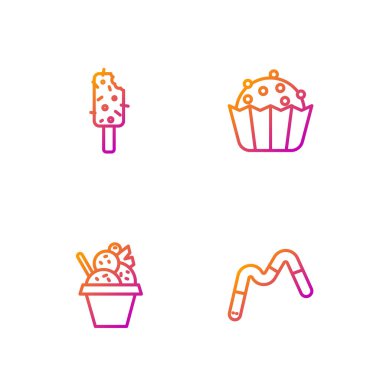 Jöle solucanları şekeri, dondurmayı kaseye koy ve keki hazırla. Renk simgeleri. Vektör.